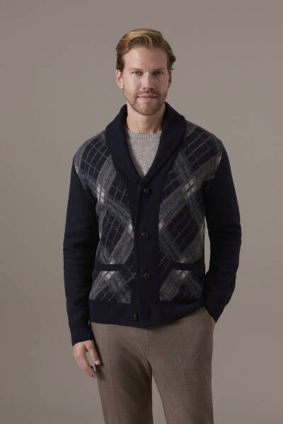 Tartan Desen Lacivert Yün Triko Hırka - Hemington