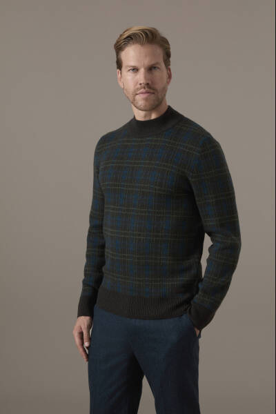 Tartan Desen Lupetto Yaka Kahverengi Kazak - Hemington