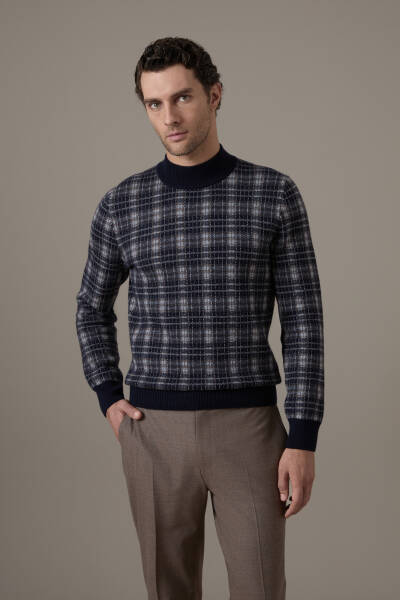 Tartan Desen Lupetto Yaka Lacivert Kazak - Hemington