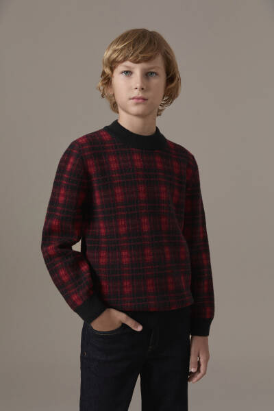 Tartan Desen Lupetto Yaka Siyah Çocuk Kazak - Hemington