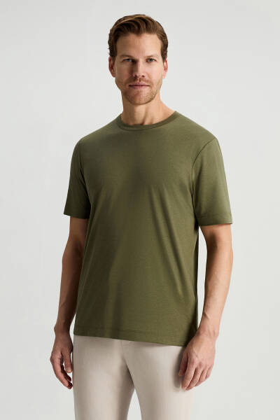 Supima Pamuk Bisiklet Yaka Tencel Haki T-Shirt