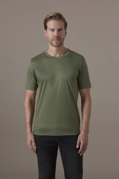 Supima Pamuk Bisiklet Yaka Tencel Haki T-Shirt - Hemington