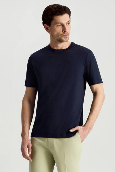 Supima Pamuk Bisiklet Yaka Tencel Lacivert T-Shirt