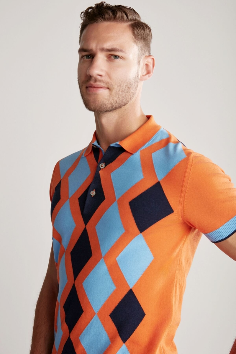 Hemington Turuncu Mavi Baklava Desen Triko Polo. 4 Hemington Turuncu Mavi Baklava Desen Triko Polo. 4