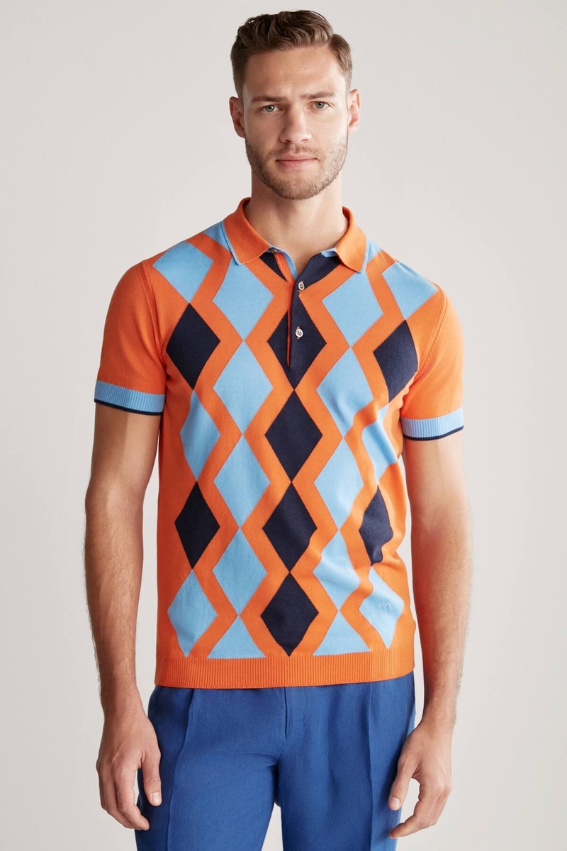 Hemington Turuncu Mavi Baklava Desen Triko Polo. 6 Hemington Turuncu Mavi Baklava Desen Triko Polo. 6