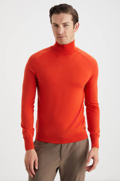 Turuncu Boğazlı Slim Fit Merino Yün Triko - Hemington