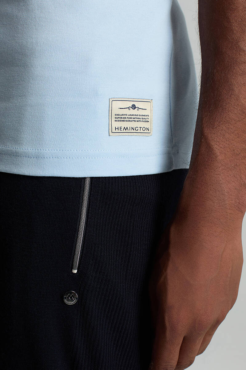Saf Pamuk Bisiklet Yaka Mavi Basic T-Shirt