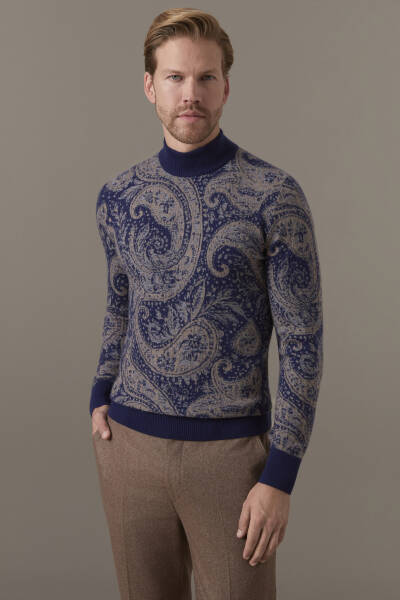 Ultrafine Kaşmir Lupetto Yaka Paisley Desen Lacivert-Camel Kazak - Hemington