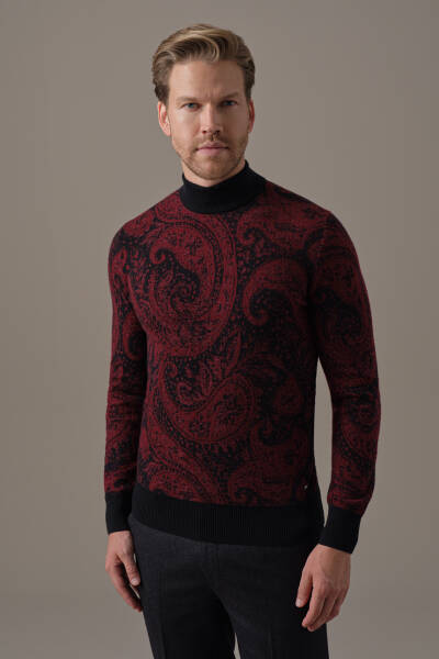 Ultrafine Kaşmir Lupetto Yaka Paisley Desen Siyah-Bordo Kazak - Hemington