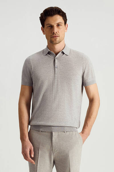 Ultrafine Merino Yünü Açık Gri Triko Polo - Hemington