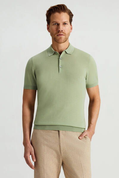 Ultrafine Merino Yünü Açık Yeşil Triko Polo - Hemington