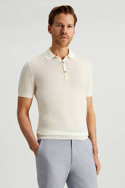 Ultrafine Merino Yünü Beyaz Triko Polo - Hemington