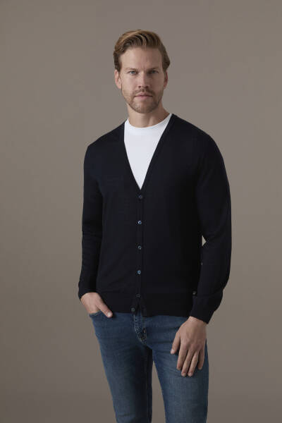 Ultrafine Merino Yünü Lacivert Triko Hırka - Hemington