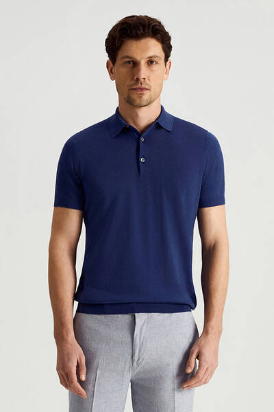 Ultrafine Merino Yünü Mavi Triko Polo - Hemington