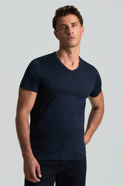 Lacivert V Yaka Basic T-Shirt - Hemington
