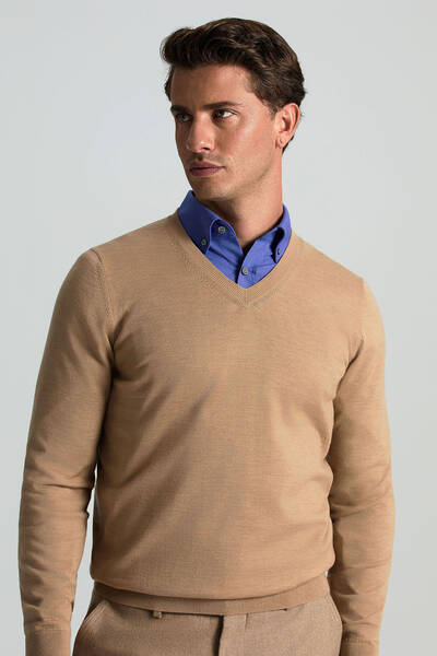 V Yaka Merino Yün Camel Triko - Hemington