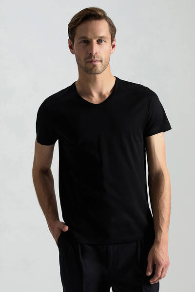 Siyah V Yaka Basic T-Shirt - Hemington