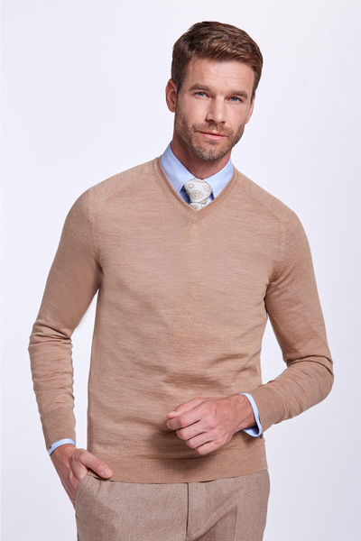 V Yaka Slim Fit Camel Merino Yün Triko