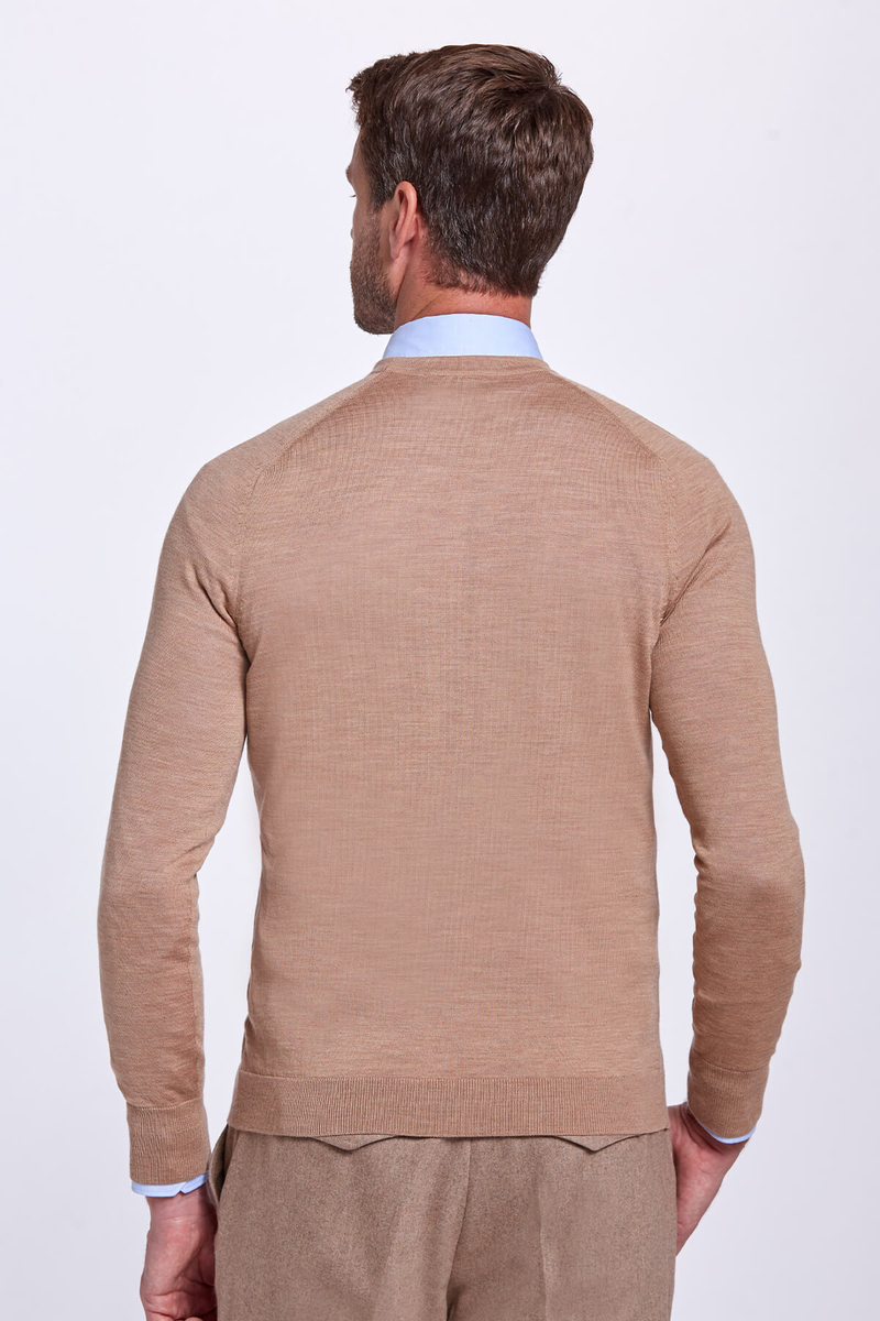 Hemington V Yaka Slim Fit Camel Merino Yün Triko. 4