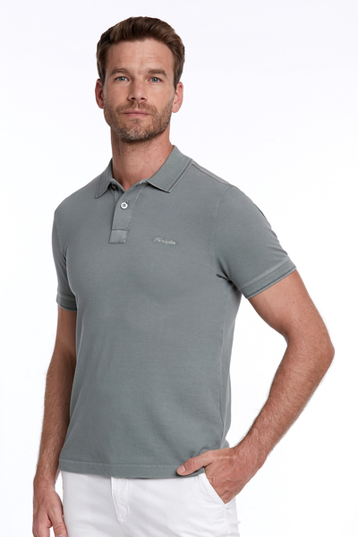 Vintage Görünümlü Polo Yaka Haki T-Shirt