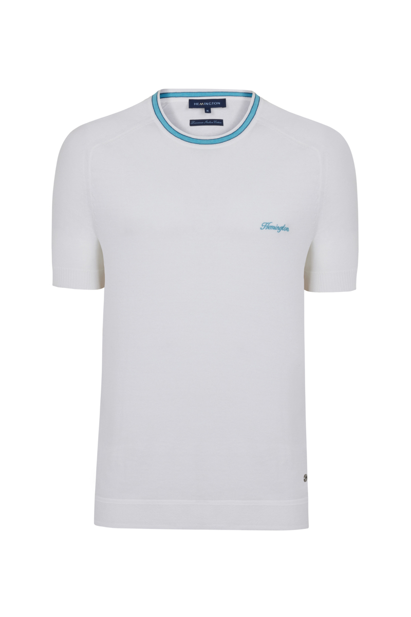 Hemington Yaka Detaylı Nakış Logolu Beyaz Triko T-Shirt. 8