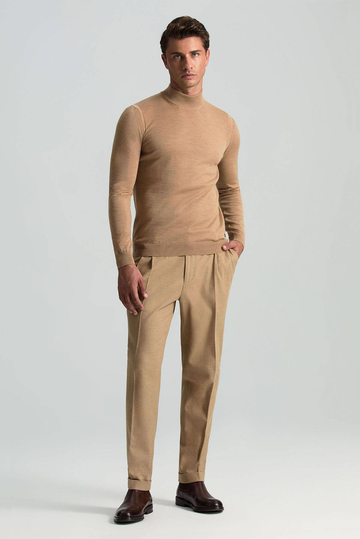 Yarım Balıkçı Yaka Merino Yün Camel Triko