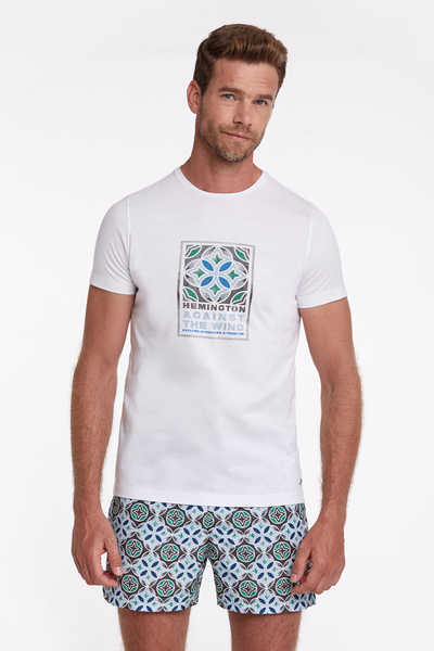 Yeşil Baskılı Bisiklet Yaka Beyaz T-Shirt