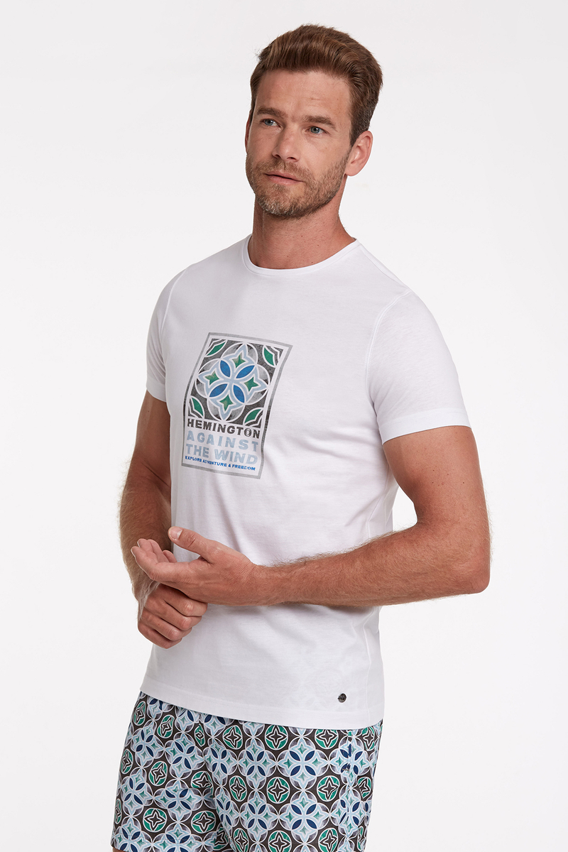 Hemington Yeşil Baskılı Bisiklet Yaka Beyaz T-Shirt. 3 Hemington Yeşil Baskılı Bisiklet Yaka Beyaz T-Shirt. 3