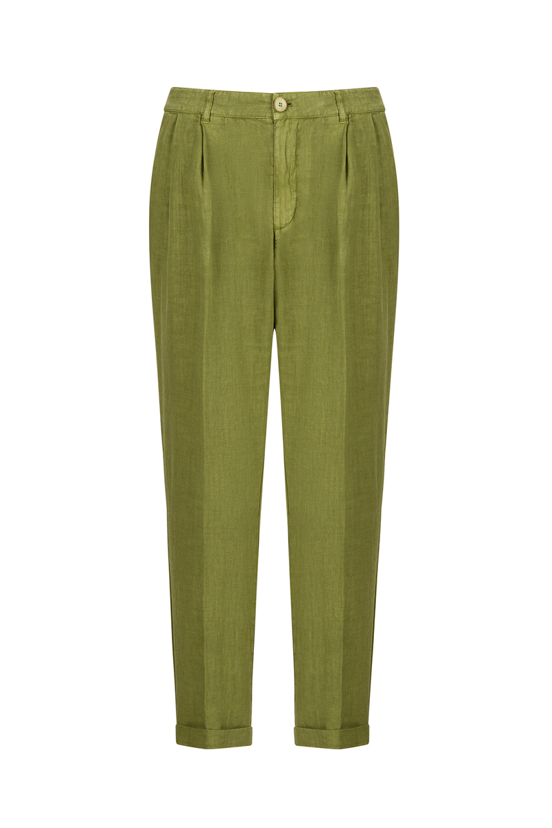 Hemington Yeşil Saf Keten Pileli Pantolon. 3