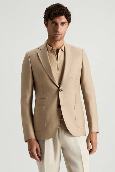 Yün-İpek-Keten Karışım Açık Bej Blazer Ceket - Hemington