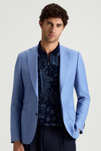 Yün-İpek-Keten Karışım Açık Mavi Blazer Ceket - Hemington