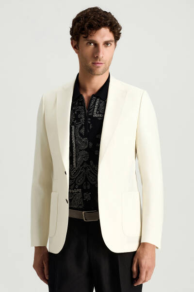Yün-İpek-Keten Karışım Beyaz Blazer Ceket - Hemington