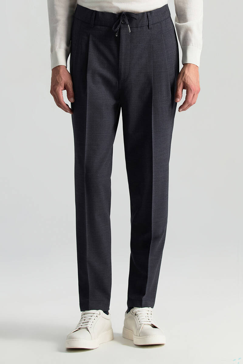 Yün Karışımlı Bağcık Detaylı Koyu Mavi Chino Jogger Pantolon