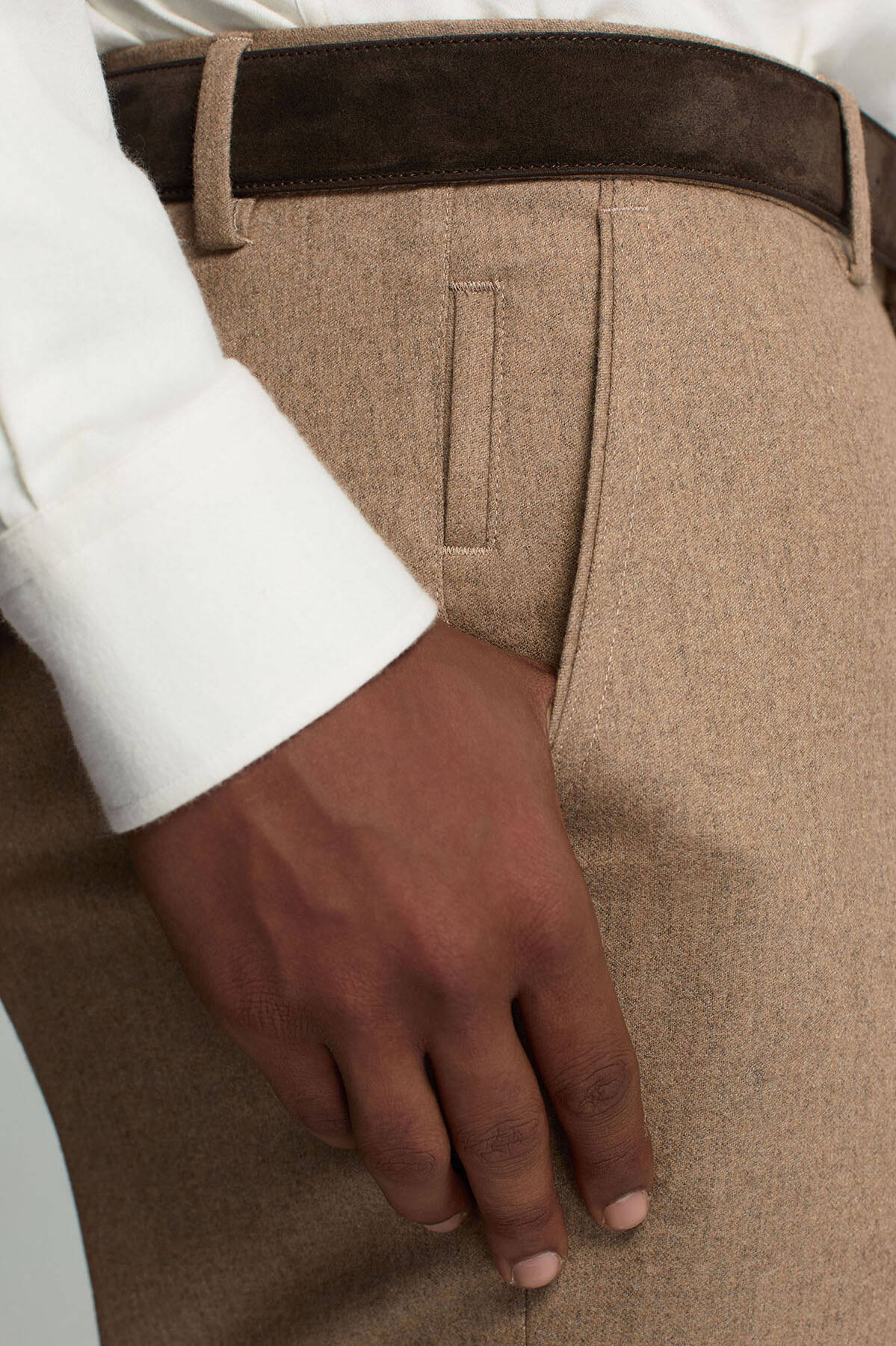 Yün Kaşmir Karışım Camel Flanel Chino Pantolon