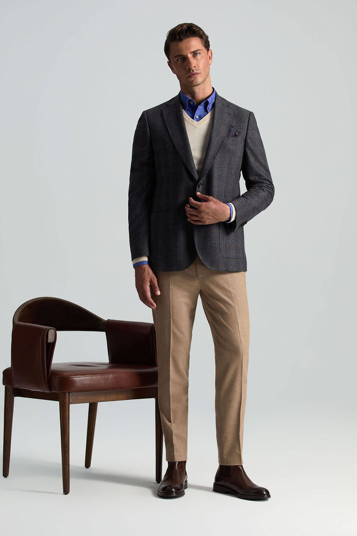 Yün Kaşmir Karışım Camel Flanel Chino Pantolon