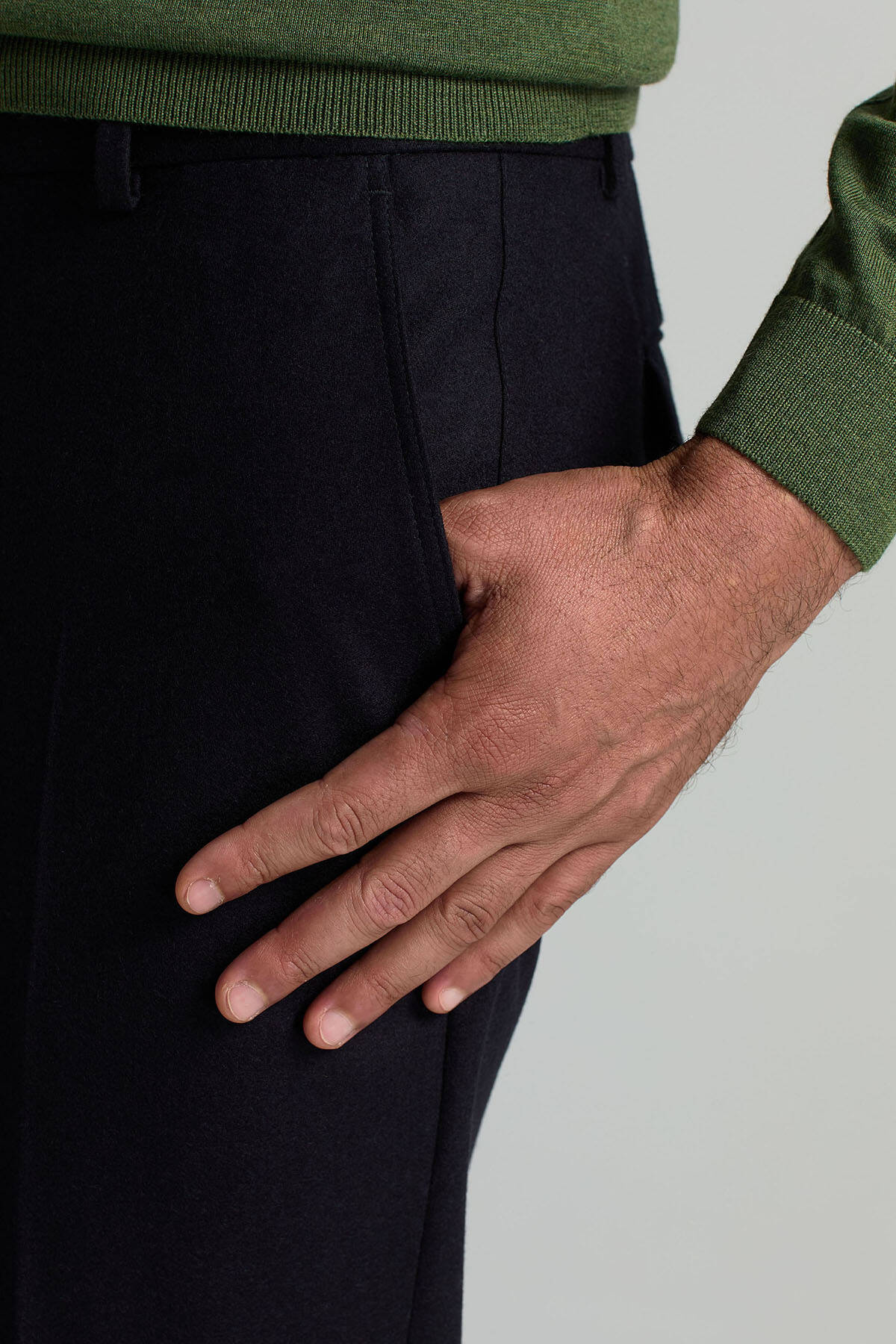 Yün Kaşmir Karışım Koyu Mavi Flanel Chino Pantolon