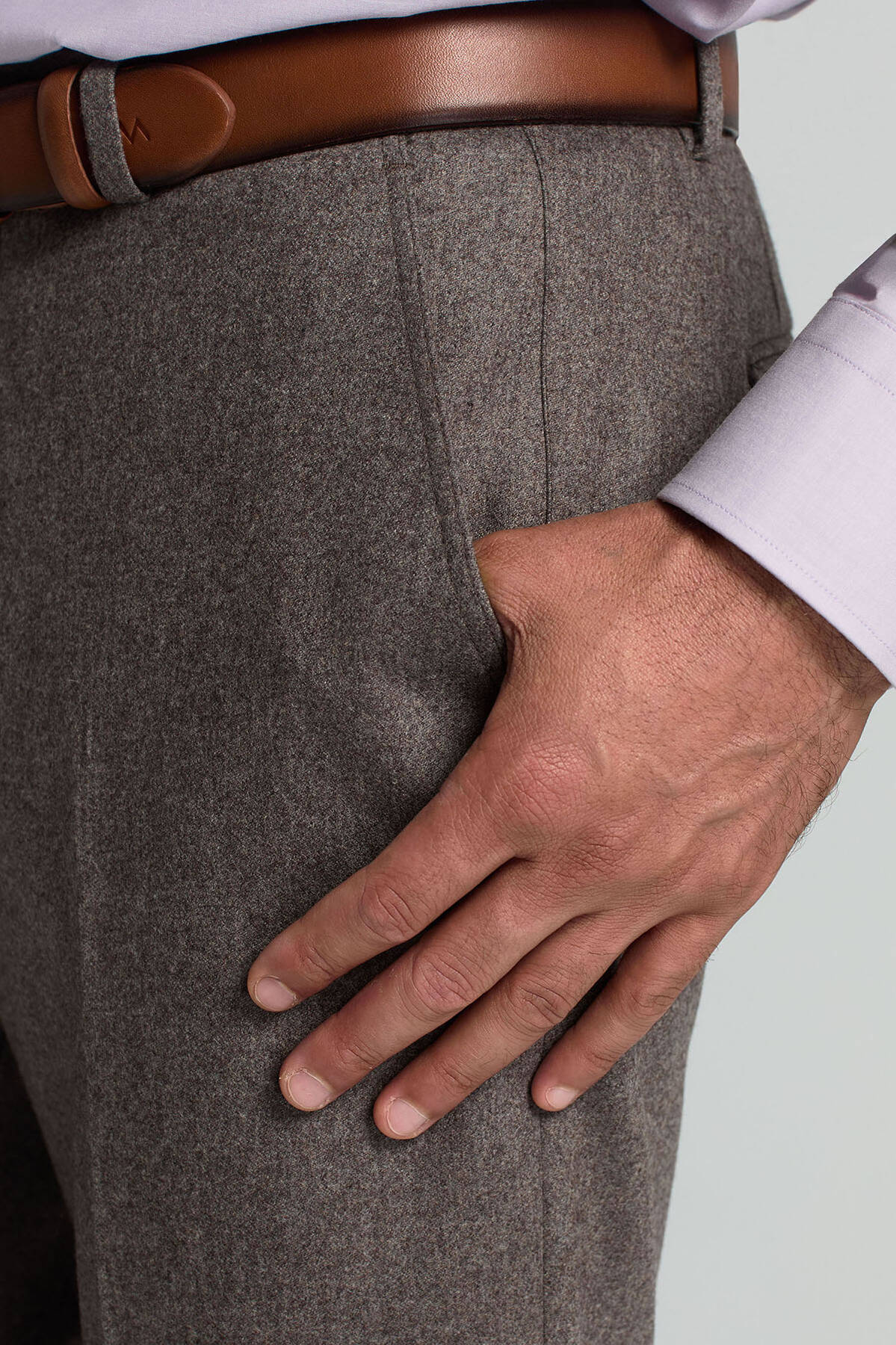 Yün Kaşmir Karışım Vizon Rengi Flanel Chino Pantolon