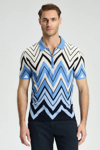 Zigzag Desen Beyaz-Mavi Giza Pamuk Triko Polo
