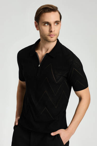 Zigzag Desen Siyah Giza Pamuk Triko Polo - Hemington
