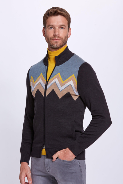 Zigzag Desen Yün Karışımlı Siyah Hırka